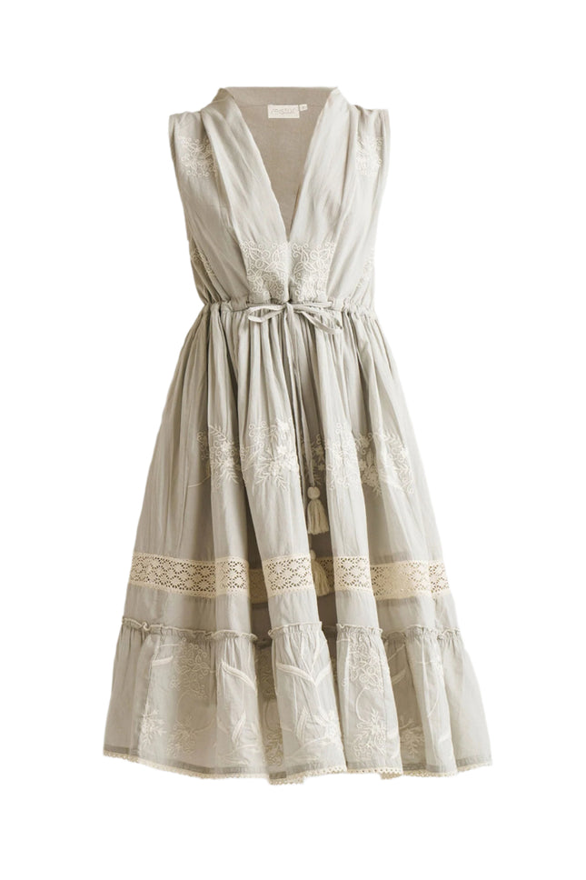 Embroidered Drawstring Gathered Dress in Grey