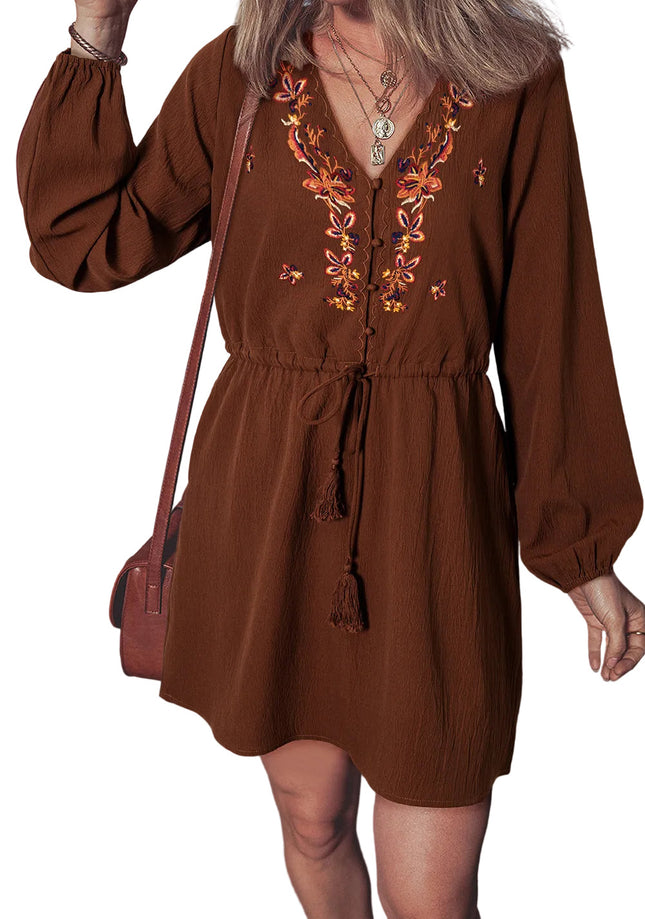 Liliana Floral Embroidered Tassel Tie Mini Dress