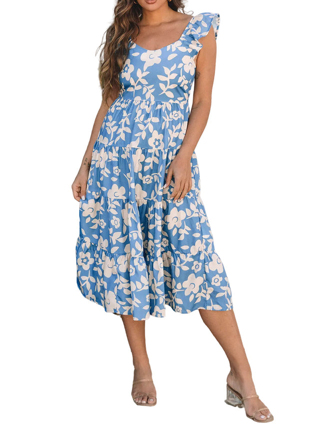 Henley Floral U Neck Flutter Shoulder Tiered Midi Dress